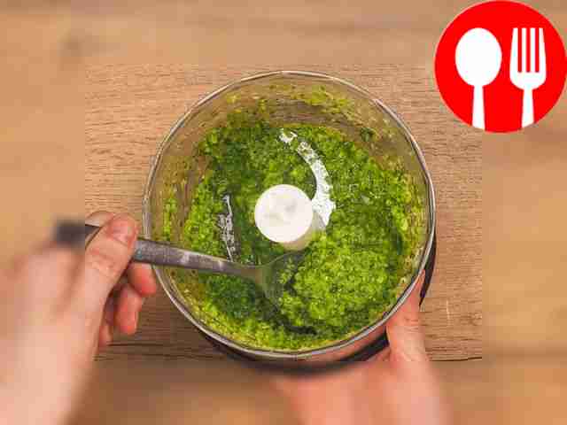 Prepare classic pesto sauce. Place basil...