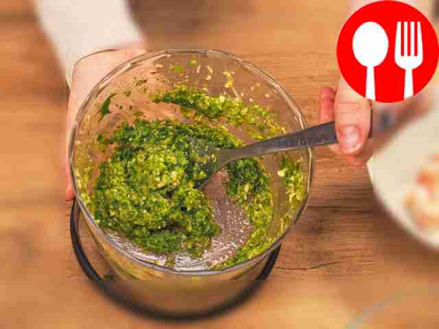 Make pesto sauce. Place basil, pine nuts,...