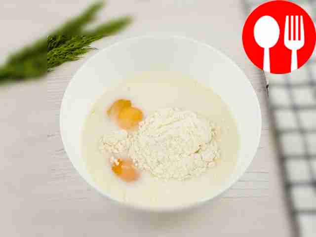 Add flour to the eggs and pour in milk. Beat...