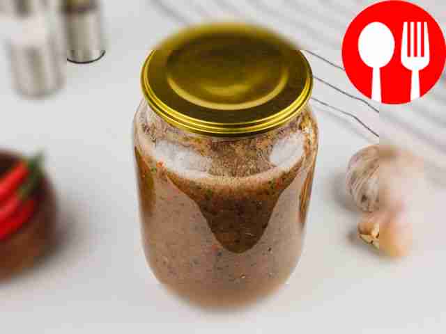 Grind peeled garlic, chopped pepper and...