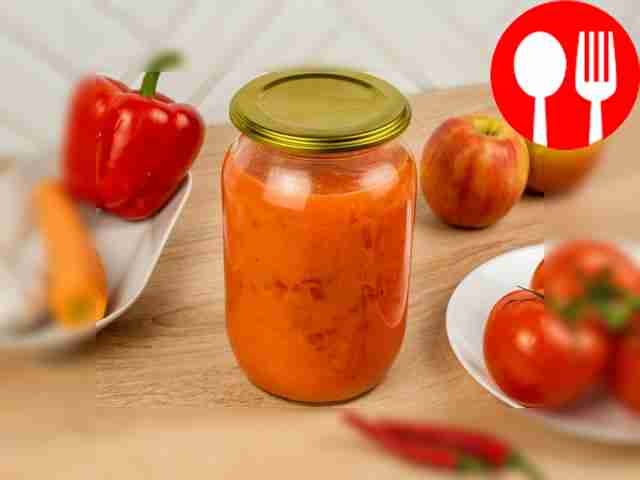 Adjika from tomatoes, carrots and bell peppers