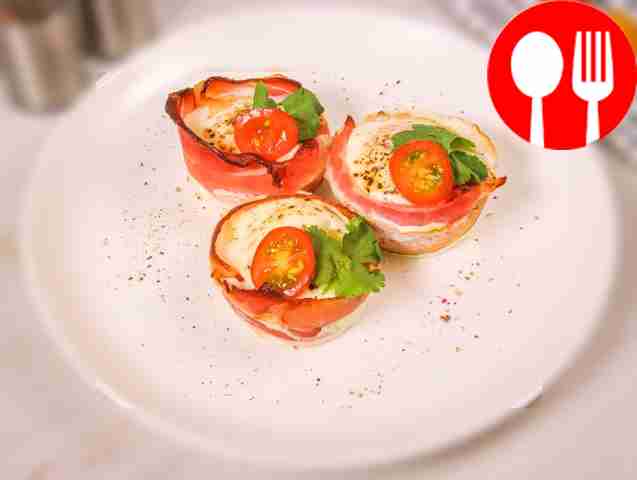 Bacon nests with eggs and cherry tomatoes
