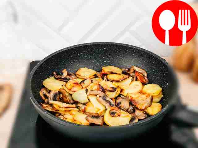 Add the mushrooms to the potatoes in the pan,...