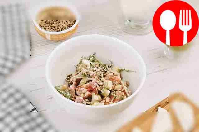 Cucumber and salmon salad with mustard dressing