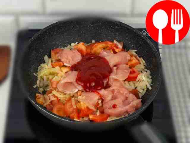 Затем к овощам добавьте куриное филе, томатную...