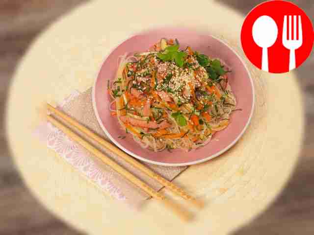 Serve funchose with sausage in a beautiful...