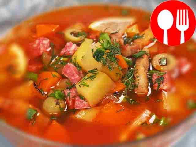 Solyanka in lard with smoked sausage and red pepper
