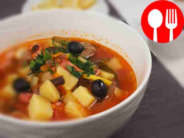 Classic Solyanka with potatoes and sausage