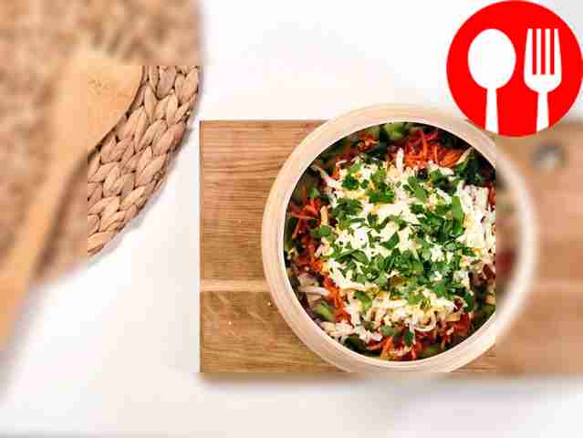 Salad with smoked chicken, Korean carrots and mayonnaise