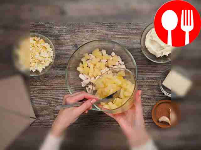 Cool the boiled chicken fillet and chop...