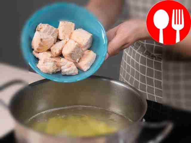 Cook the soup base. Pour the strained broth...