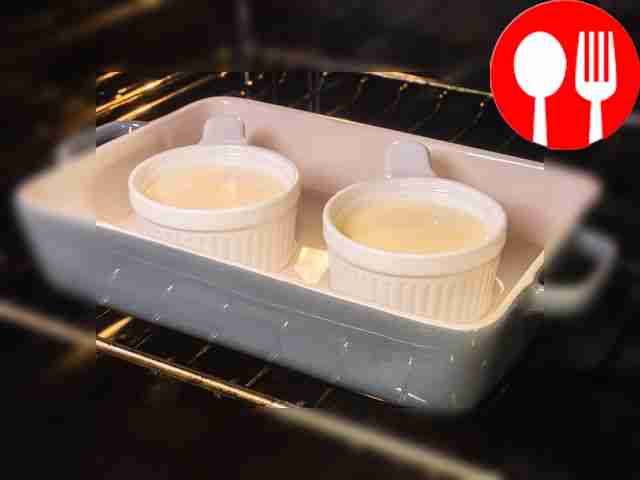 Prepare the creme brulee. Boil water, preheat...