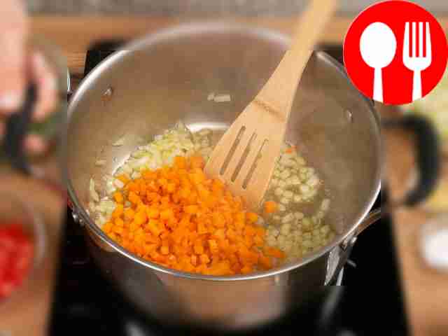 Chop vegetables and herbs. Cut the onion,...