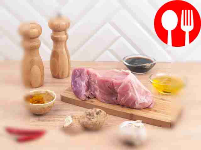 Strip the pork of fat and films, rinse with...