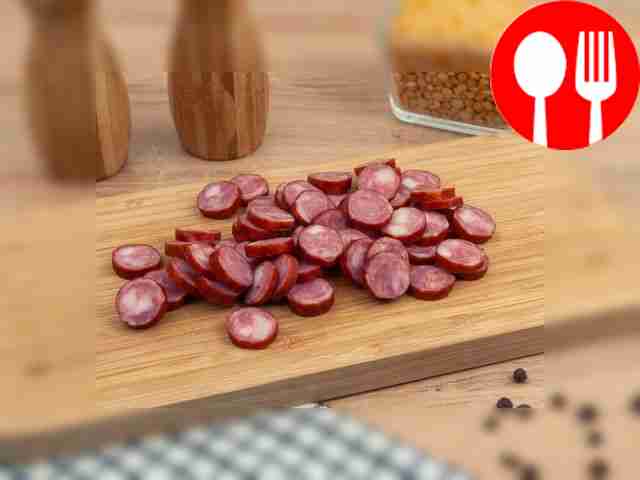 Разрежьте охотничьи колбаски на кружочки.