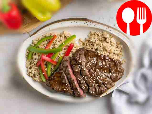 Quick beef steak with a side dish of rice and bell pepper