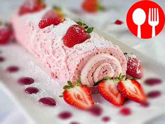 Fluffy sponge roll with strawberries and cream