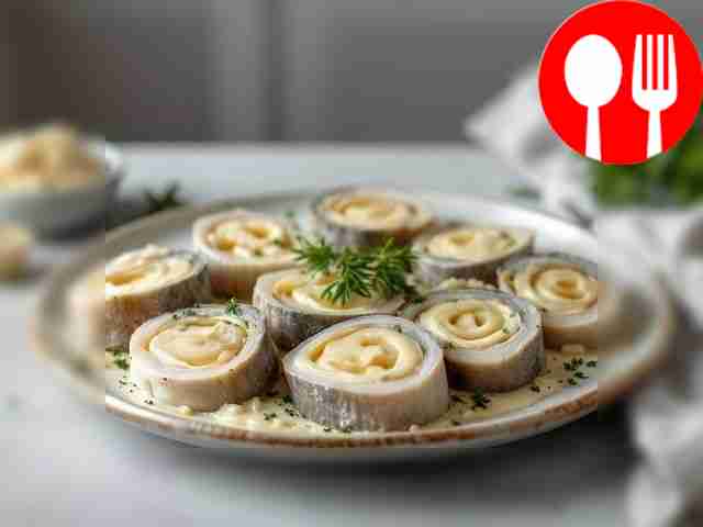 Herring rolls with melted cheese and herbs