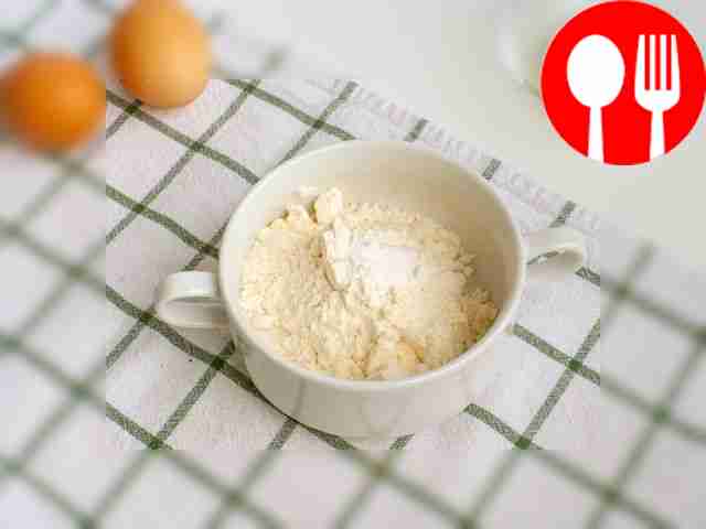 Add baking powder and sugar to the flour.