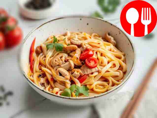 Легкая лапша удон с курицей и овощами