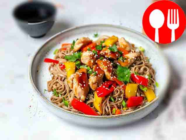 Hearty soba noodles with chicken and teriyaki sauce