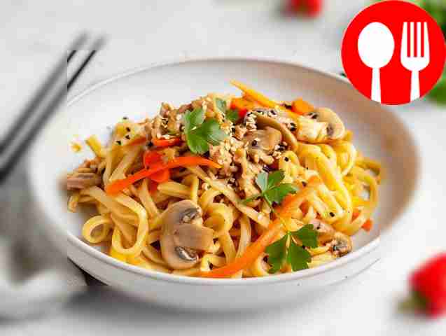 Homemade udon noodles with turkey