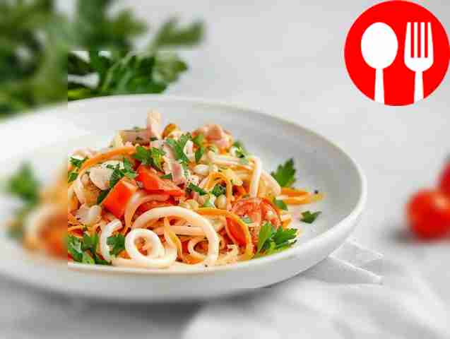 Mushroom salad with ham and squid