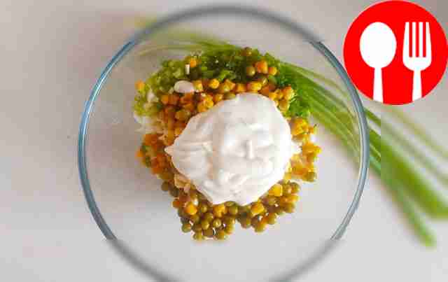Add corn, green peas, and mayonnaise from a...