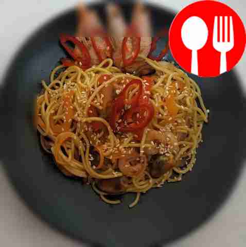 Healthy udon noodles with seafood