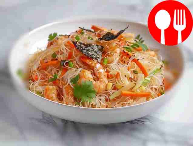 Funchoza with shrimp and Chinese salad