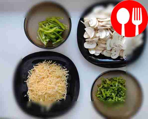 Cut the peeled champignons into slices, green...