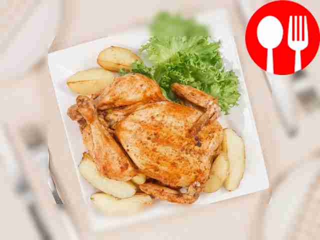 Serve baked chicken with boiled potatoes and...