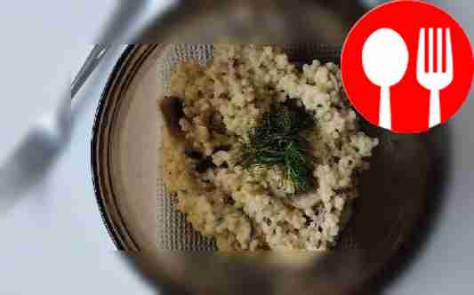 Rich petitim in creamy sauce with mushrooms