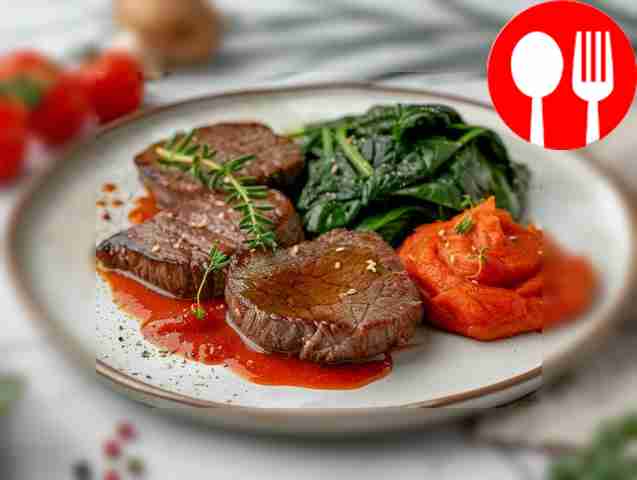 Venison with lingonberry sauce, pumpkin and spinach