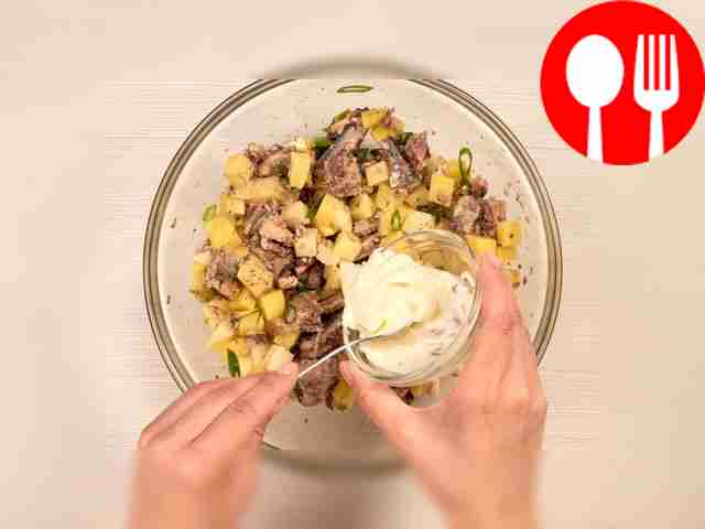 Prepare the filling. Mix potatoes with onions...