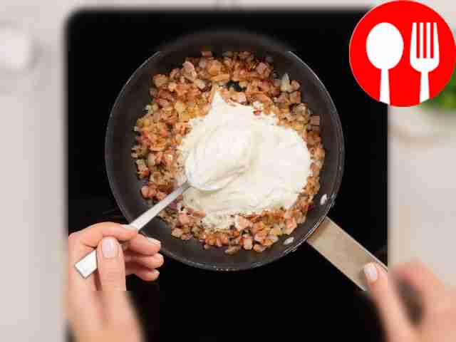 Prepare the sauce. Cut the bacon into small...