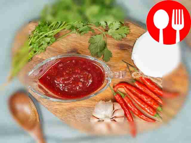 Serve the finished red cherry plum tkemali...