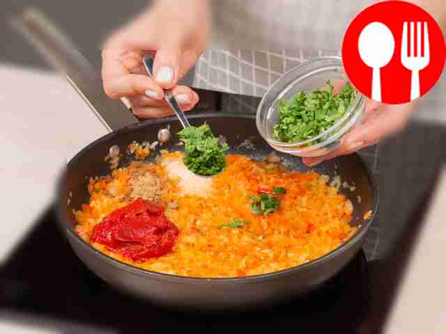 Grind and simmer the ingredients. Pass onion,...