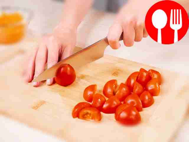 Chop the salad ingredients. Cut the cucumbers...