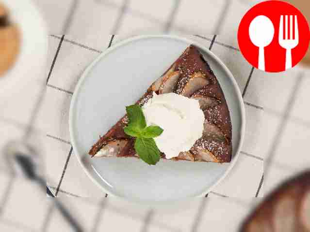 Before serving, sprinkle the chocolate pear...