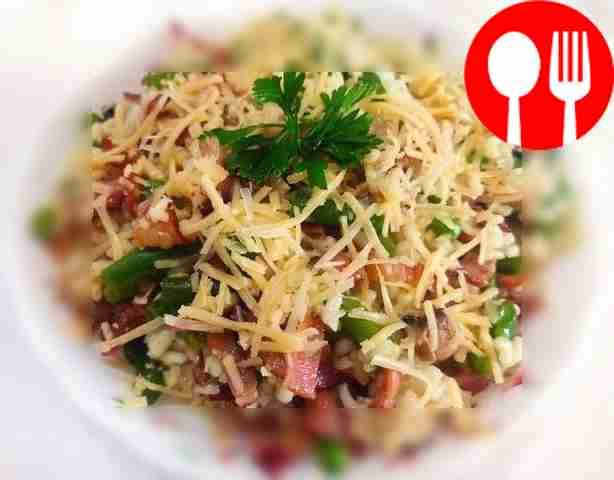 Spectacular risotto with bacon and mushrooms