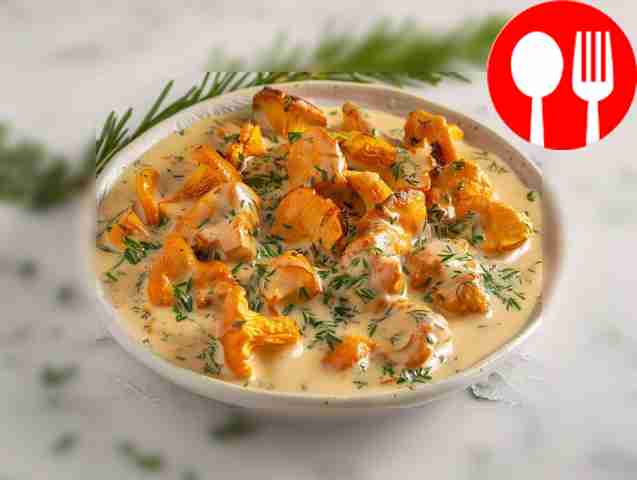 Тушеные лисички в сливках