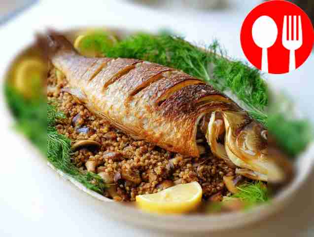 Baked carp with buckwheat garnish