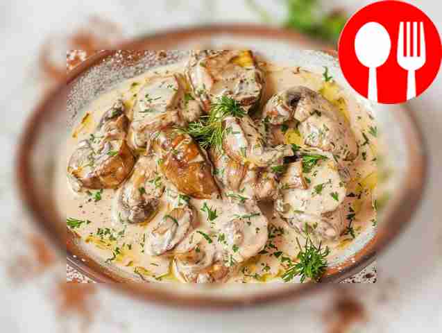 Fried porcini mushrooms in sour cream sauce