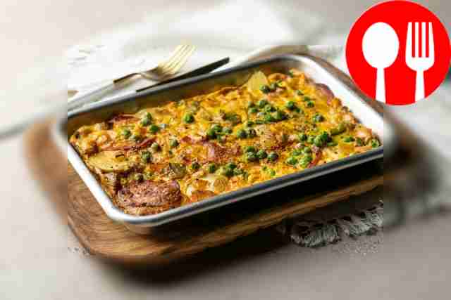 Spanish frittata with new potatoes, peas and peppers