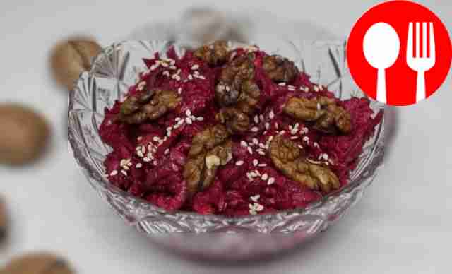 Healthy beet salad with walnuts