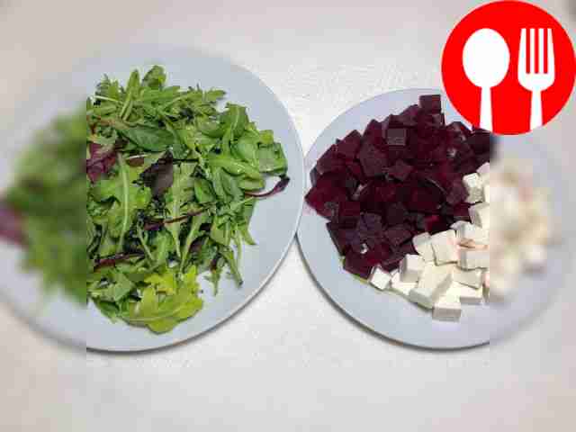 Cut the beets into cubes and crumble the feta...