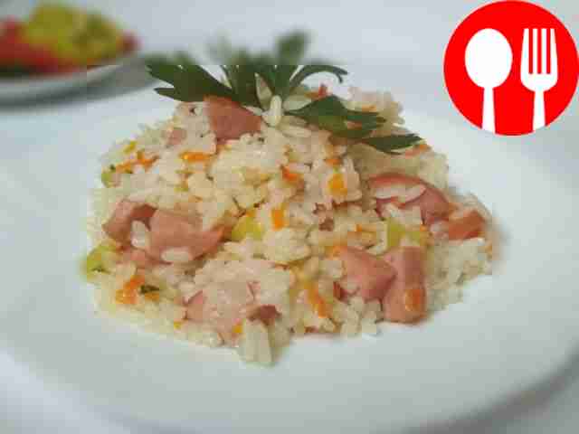Delicious sausages with rice