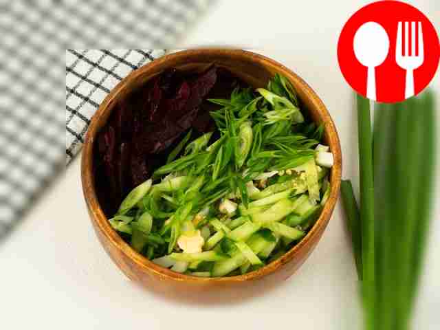 Place cucumber, eggs, beets and green onions...