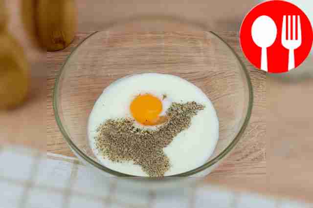 Pour milk into a deep bowl, add eggs and salt...